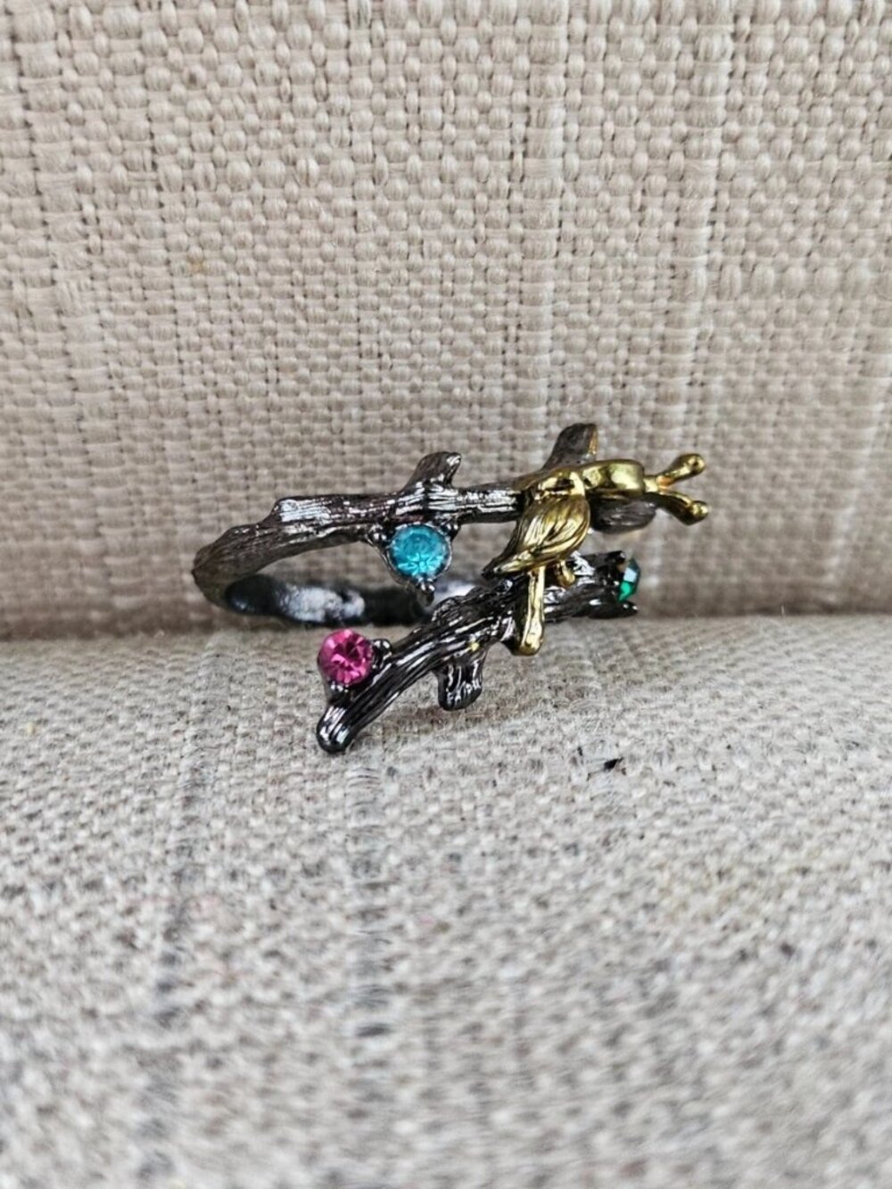 Bird on Branch Women Rings Black/Gold Tone Multi Color Crystals Jewelry Size 10